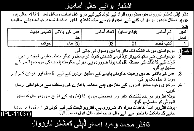 Jobs In Office of The Deputy Commissioner Narowal 28 November 2019