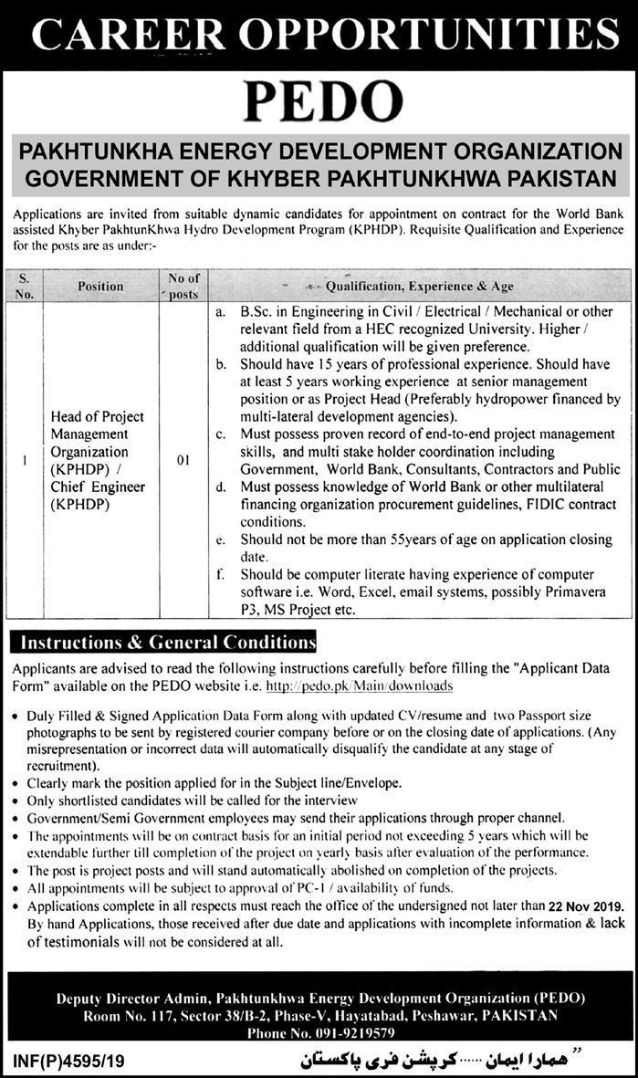 Jobs In Pakhtunkhwa Energy Development Organization (PEDO) 04 November 2019