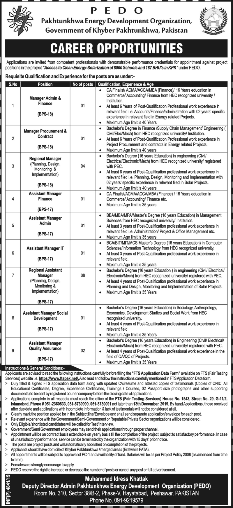 Jobs In Pakhtunkhwa Energy Development Organization (PEDO) 21 November 2019