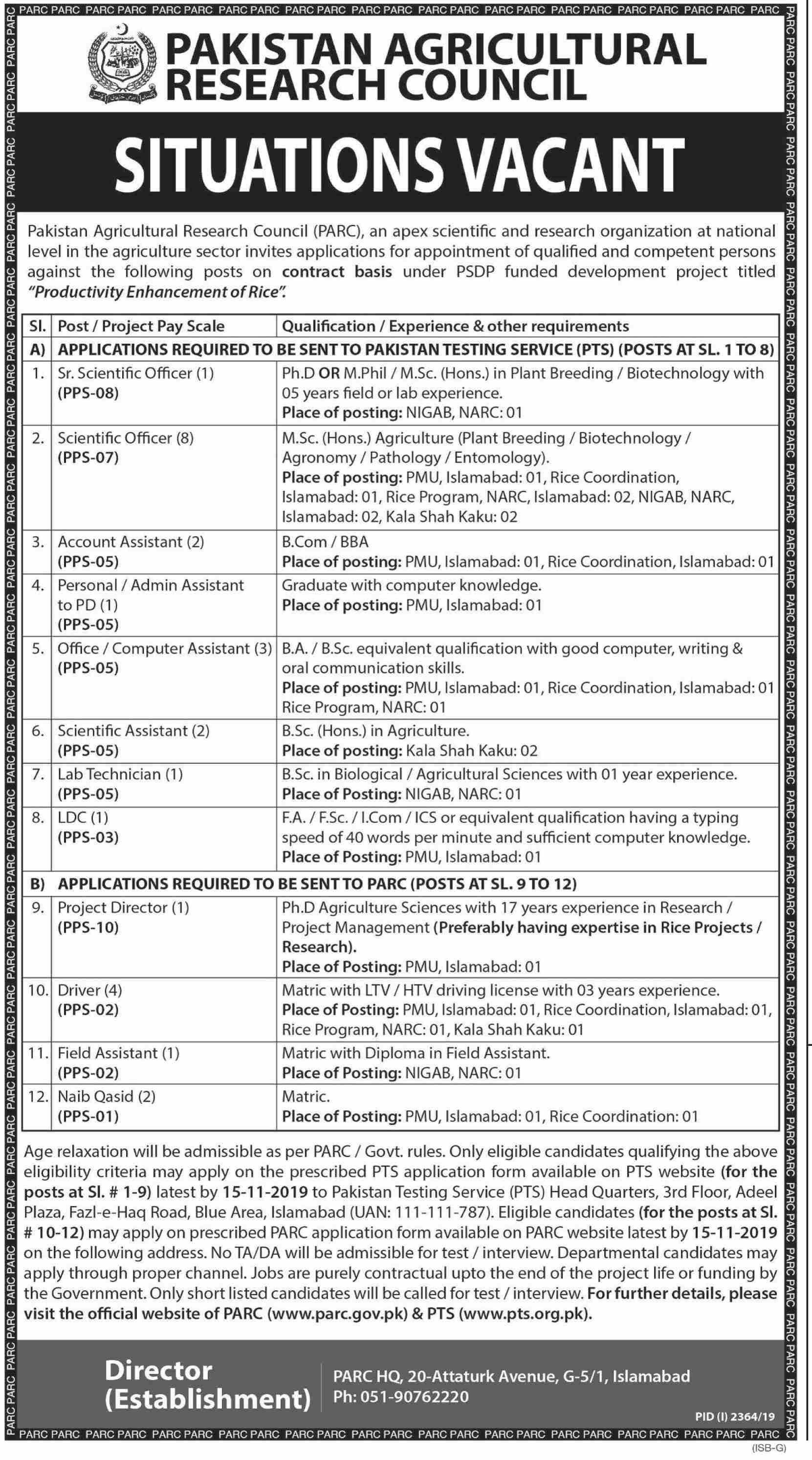 Jobs In Pakistan Agricultural Research Council PARC 02 November 2019