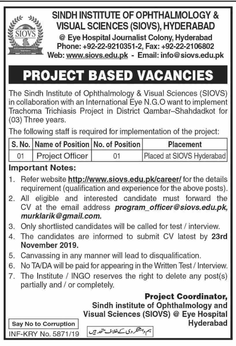Project Based Jobs In Sindh Institute of Ophthalmology And Visual Sciences SIOVS 21 November 2019