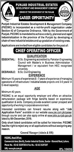 Jobs In Punjab Industrial Estate Development And Management Company 20 November 2019