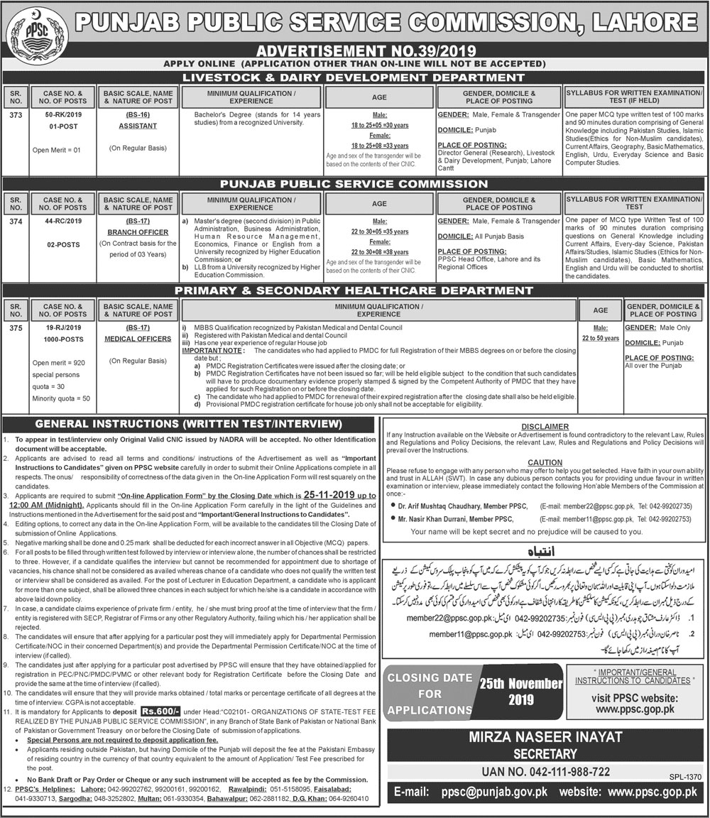 Jobs In Punjab Public Service Commission (PPSC) 10 November 2019