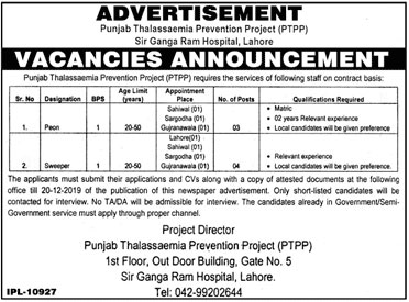 Jobs In Punjab Thalassaemia Prevention Programme PTPP Lahore 26 November 2019