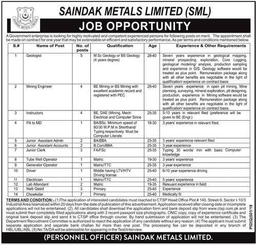 Jobs In Saindak Metals Limited 27 November 2019