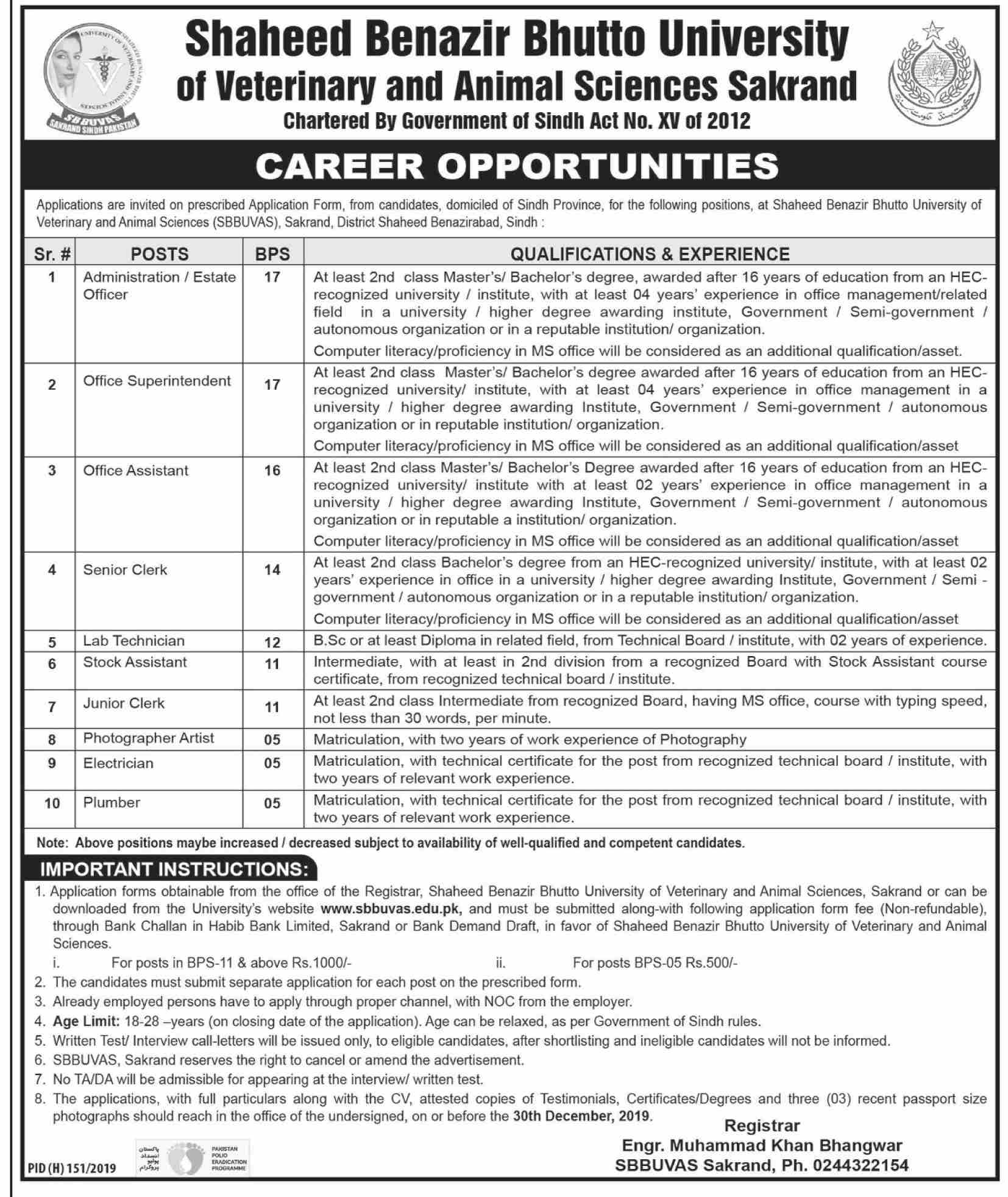 Jobs In Shaheed Benazir Bhutto University 25 November 2019