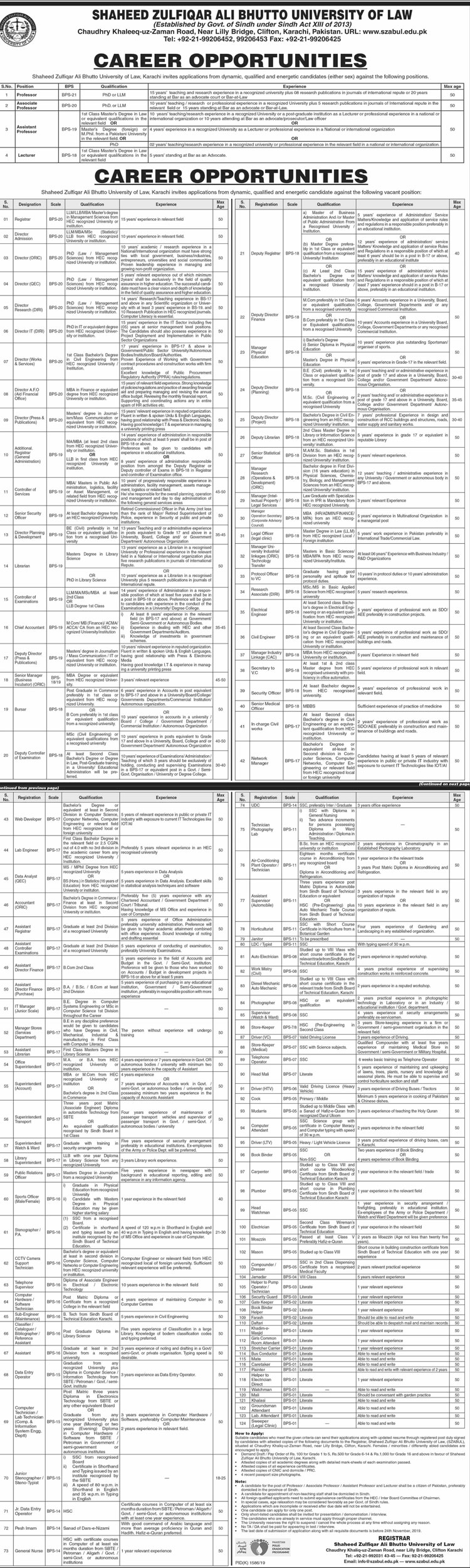 Jobs In Shaheed Zulfiqar Ali Bhutto University Of Law 03 November 2019