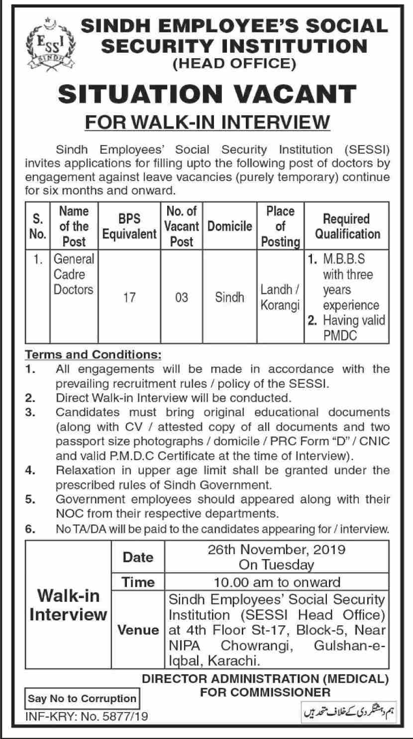 Jobs In Sindh Employees Social Security Institution (SESSI) 21 November 2019