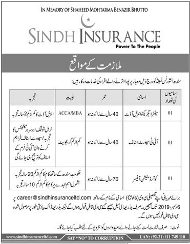 Jobs In Sindh Insurance Limited 22 November 2019