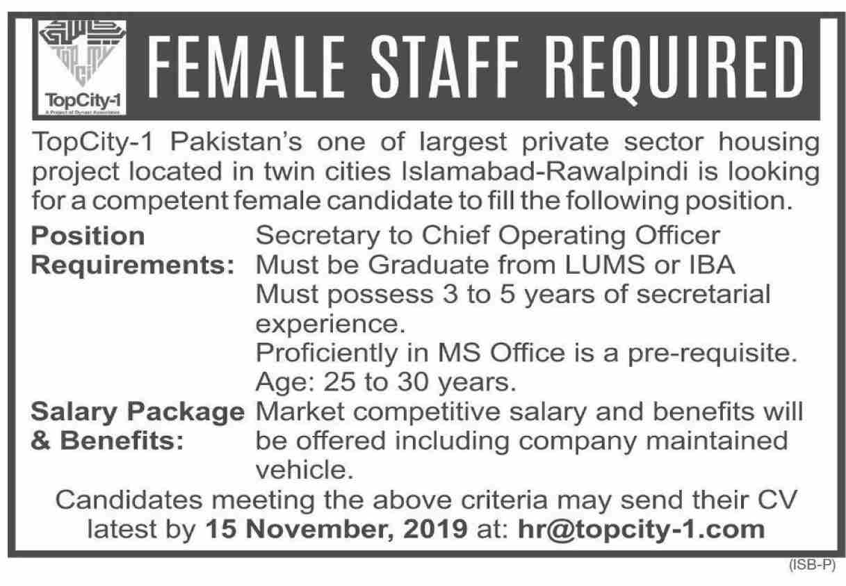 Jobs In Top City-1 Housing Society Islamabad 02 November 2019