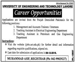 Jobs In University Of Engineering And Technology Lahore 24 November 2019