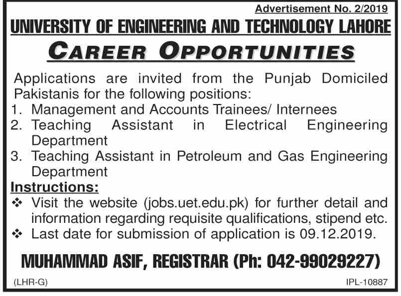 Jobs In University Of Engineering And Technology Lahore 26 November 2019