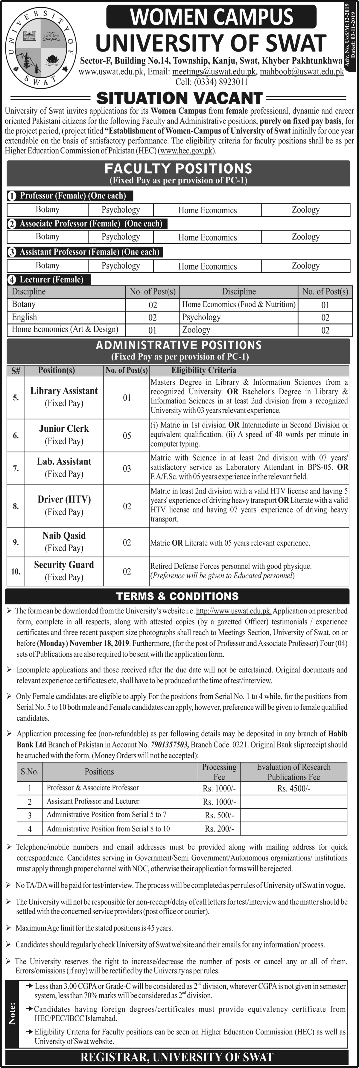 Jobs In University of Swat 03 November 2019