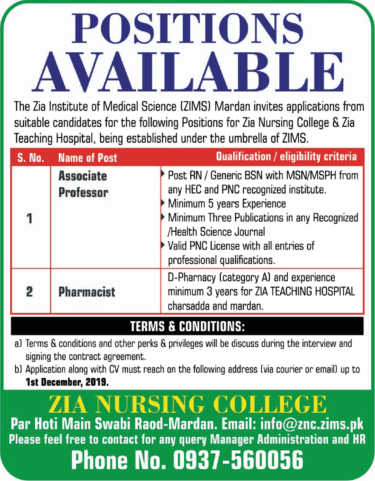 Jobs In Zia Institute Of Medical Sciences (ZIMS) Mardan 28 November 2019