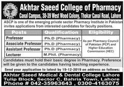 Jobs In Akhtar Saeed College Of Pharmacy 15 December 2019