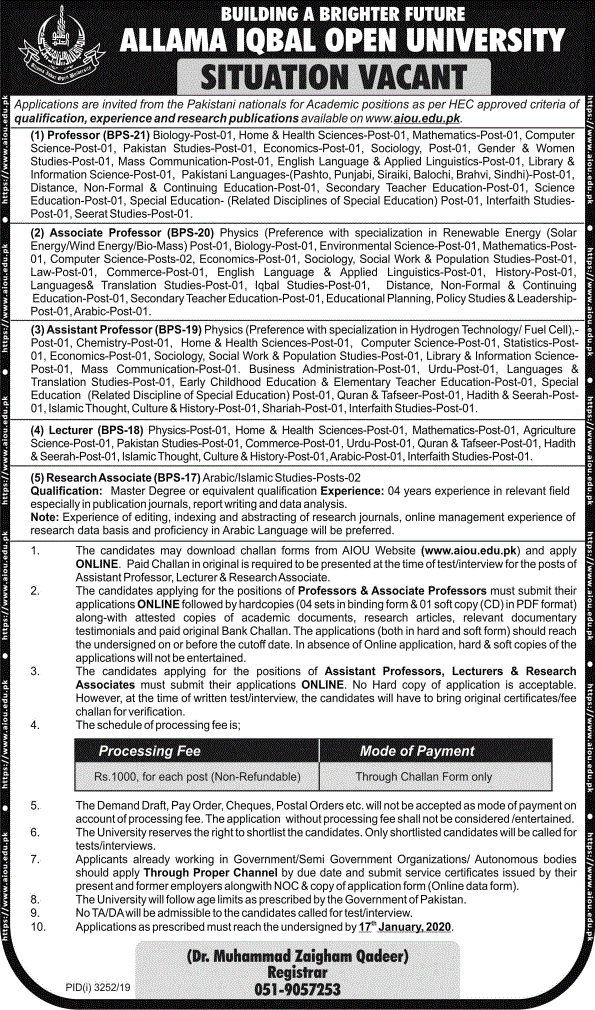 Jobs In Allama Iqbal Open Universit 18 December 2019