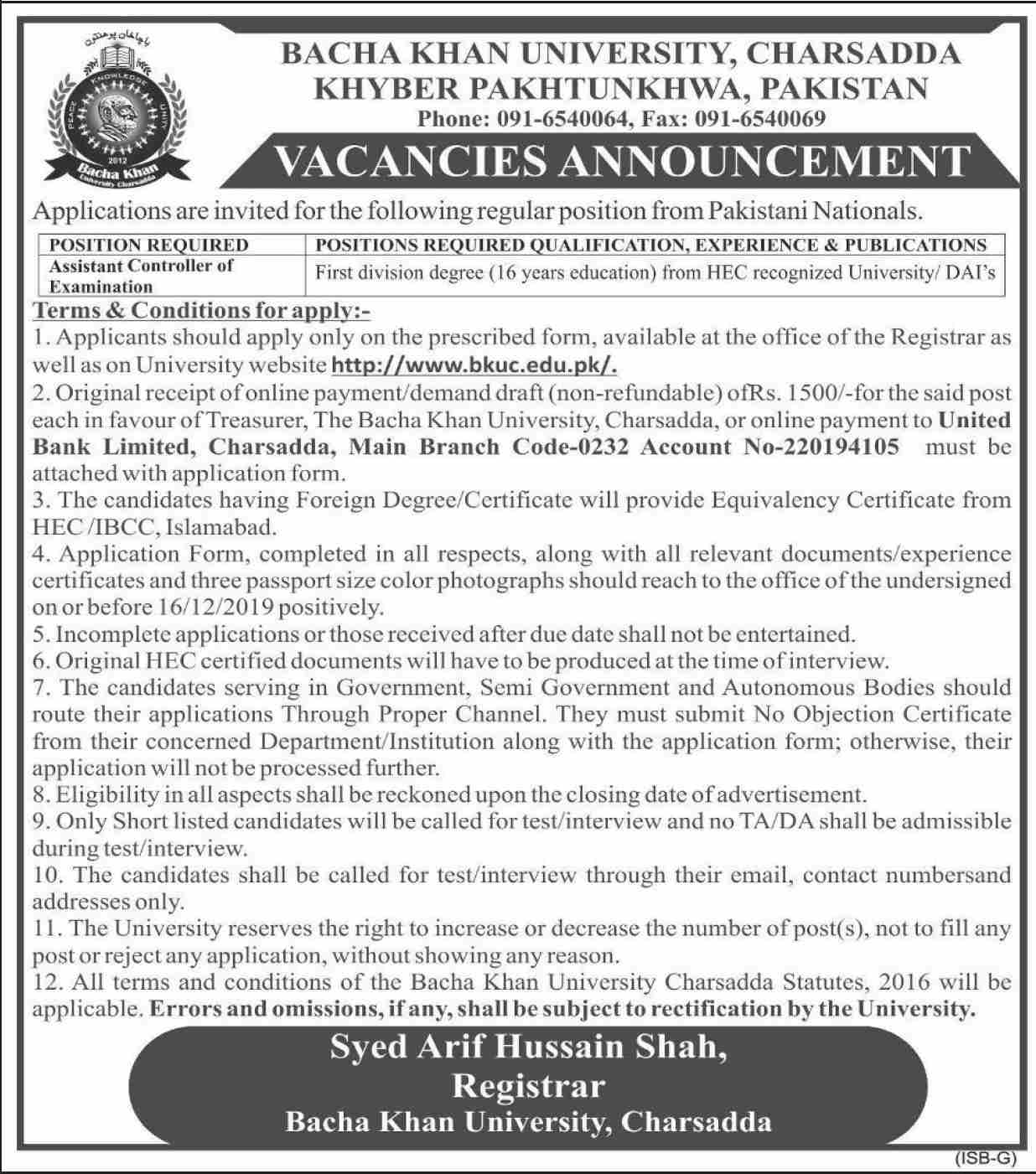 Jobs In Bacha Khan University Charsadda 03 December 2019