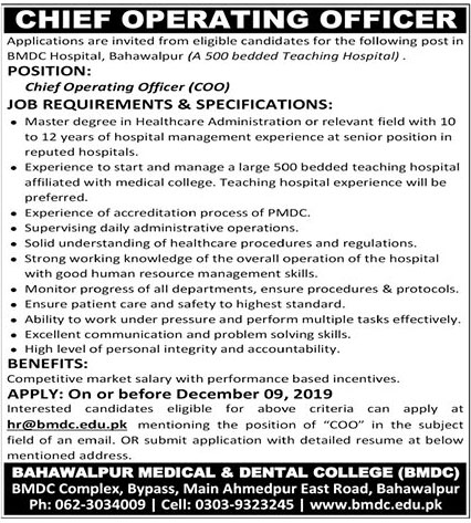 Jobs In Bahawalpur Medical And Dental College BMDC 03 December 2019