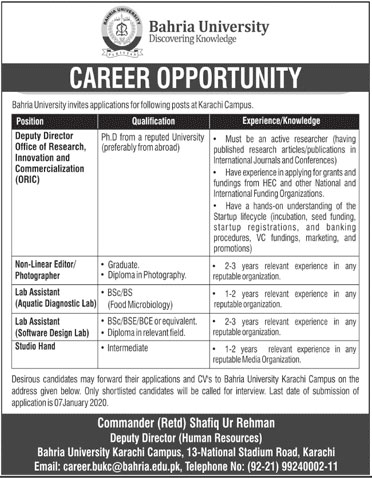 Jobs In Bahria University Karachi 24 December 2019