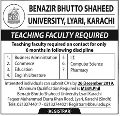 Jobs In Benazir Bhutto Shaheed University 19 December 2019