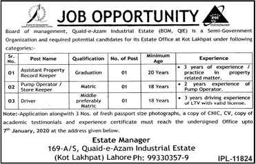 Jobs In Board Of Management Quaid E Azam Industrial Estate 20 December 2019