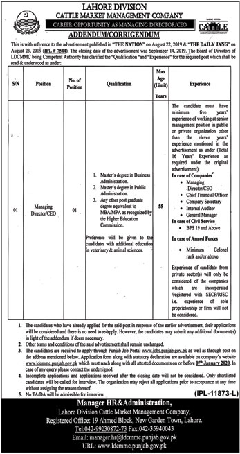 Jobs In Cattle Market Management Company Lahore Division 21 December 2019