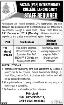 Jobs In Fazaia Inter College Lahore Cantt 17 December 2019