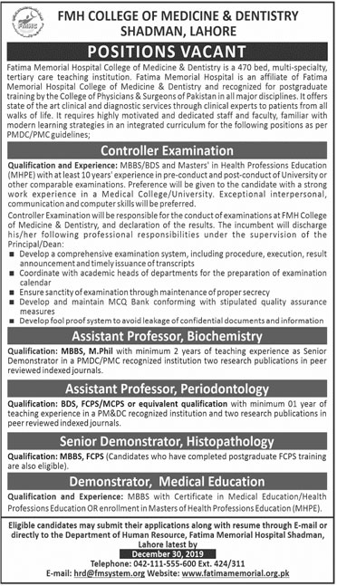 Jobs In FMH College of Medicine and Dentistry 15 December 2019