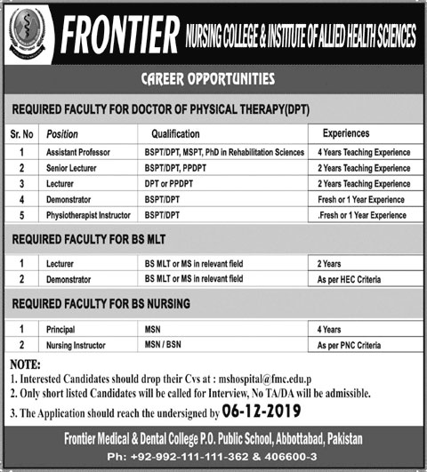 Jobs In Frontier Nursing College And Institute Of Allied Health Sciences 01 December 2019