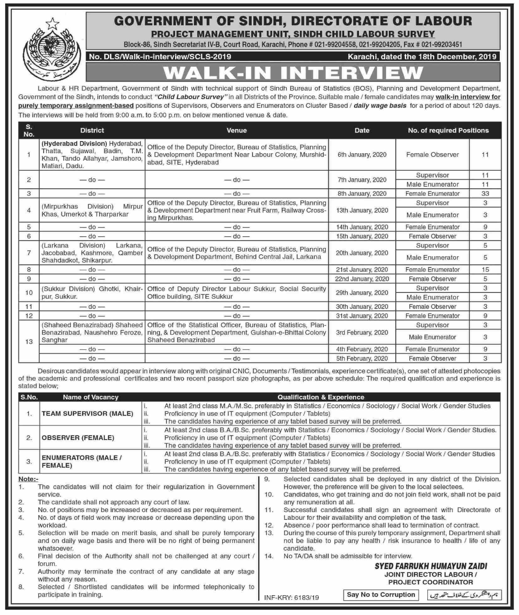 Jobs In Govt Of Sindh Directorate Of Labour 19 December 2019
