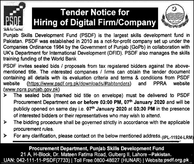 Hiring Of Digital Firm or Company For Punjab Skill Development Fund 23 December 2019