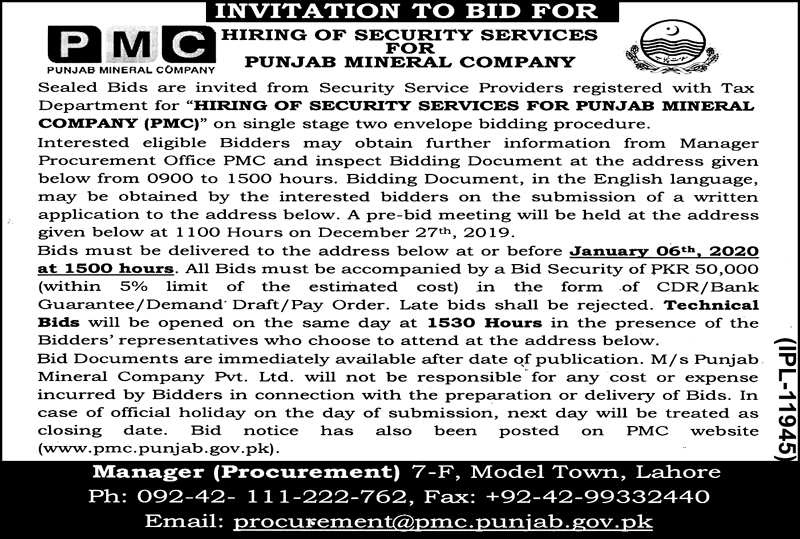 Hiring Of Security Services For Punjab Mineral Company PMC 23 December 2019