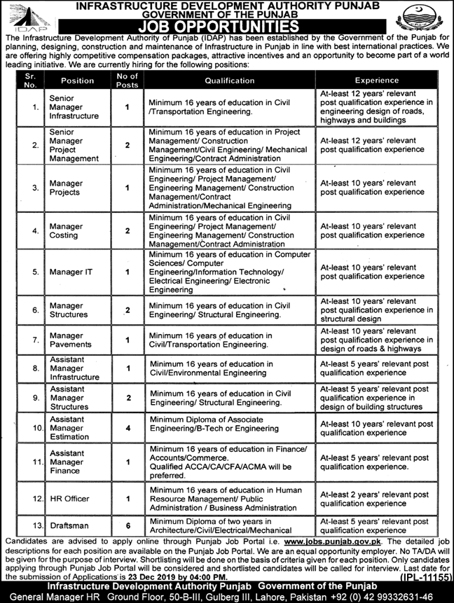Jobs In Infrastructure Development Authority Government of Punjab 02 December 2019