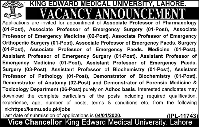 Jobs In King Edward Medical University Lahore KEMU Lahore 17 December 2019