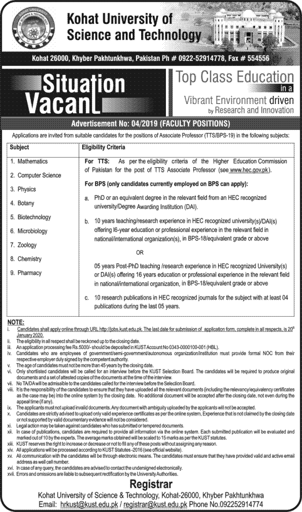 Jobs In Kohat University Of Science And Technology 21 December 2019