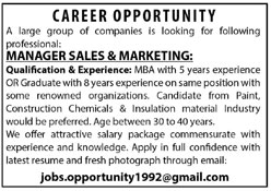 Manager Sales And Marketing Required In A Group Of Companies 08 December 2019