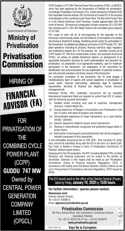 Jobs In Ministry Of Privatisation Govt Of Pakistan 08 December 2019