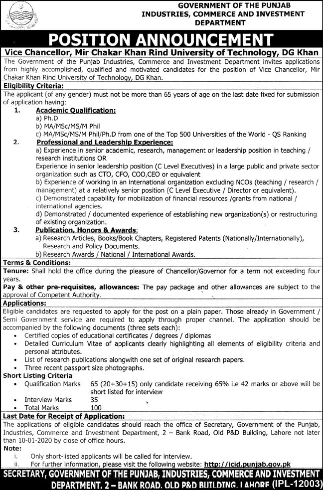 Jobs In Mir Chakar Khan Rind University And Technology DG Khan 24 December 2019