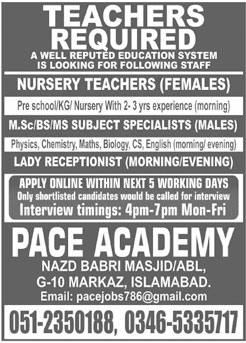 Jobs In Pace Academy Islamabad 15 December 2019