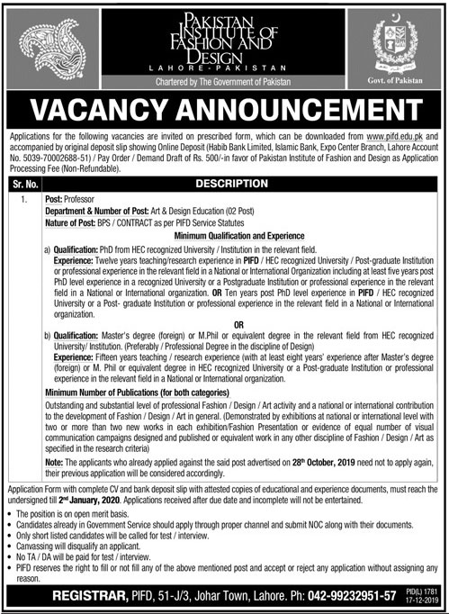 Jobs In Pakistan Institute Of Fashion And Design 17 December 2019