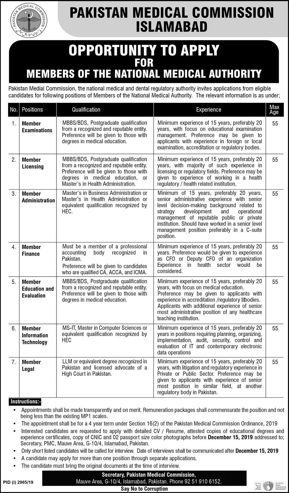 Jobs In Pakistan Medical And Dental Council 03 December 2019