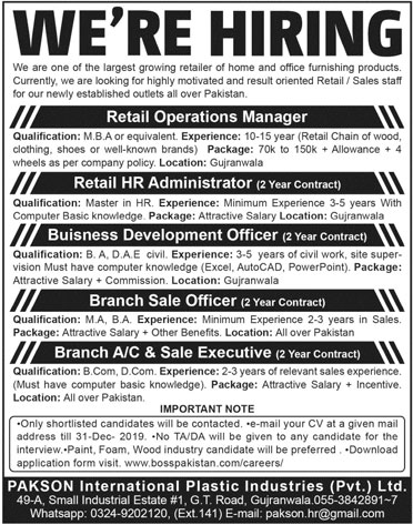 Jobs In Pakson International Plastic Industries Pvt Limited 15 December 2019