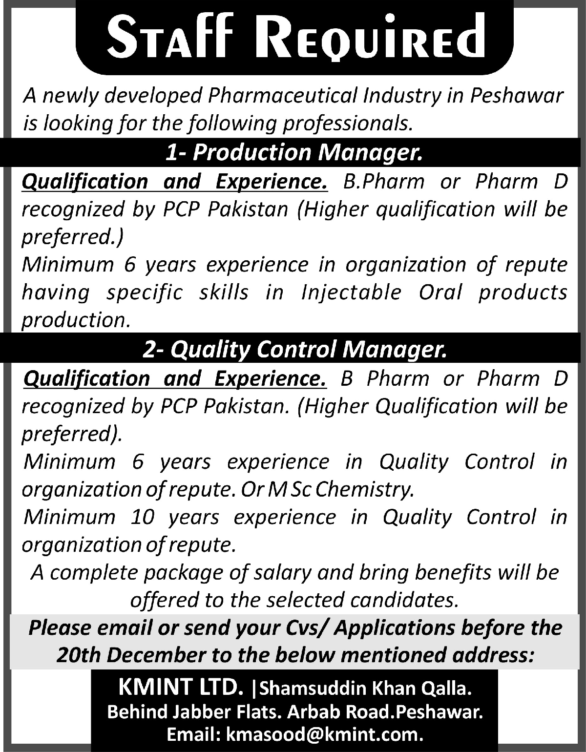 Jobs In Pharmaceutical Industry Peshawar 12 December 2019