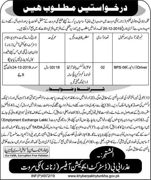 Jobs In Primary And Secondary Education For Women Lakki Marwat 02 December 2019