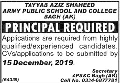 Principal Required In Tayyab Aziz Shaheed Bagh 01 December 2019