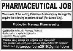 Production Manager Required In Pharmaceutical Company Lahore 08 December 2019