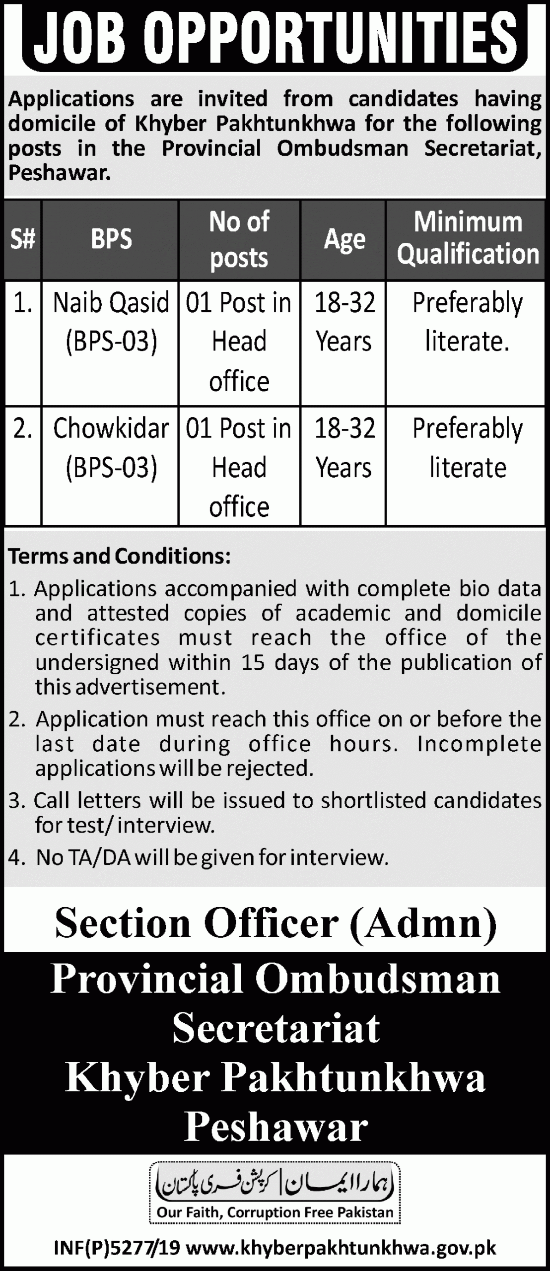 Jobs In Provincial Ombudsman Secretariat Peshawar 24 December 2019