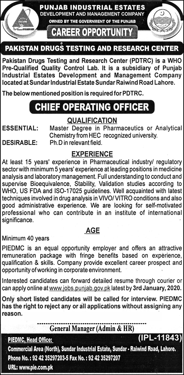 Jobs In Punjab Industrial Estate Development And Management Company 19 December 2019
