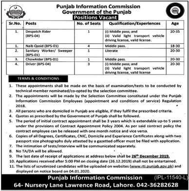 Jobs In Punjab Information Commission PIC 12 December 2019