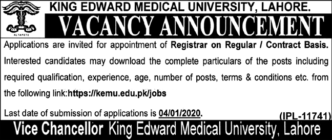 Registrar Required In King Edward Medical University Lahore KEMU 17 December 2019